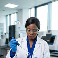 A laboratory scientist in a white coat and blue gloves using a pipette in a laboratory with analysis equipment