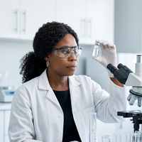 A laboratory scientist in safety glasses holding a sample vial next to a microscope