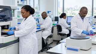 Four laboratory staff in white coats at work: one loads sample tubes into an analyser, one pipettes, one works at a computer, and one handles sample racks beside a centrifuge